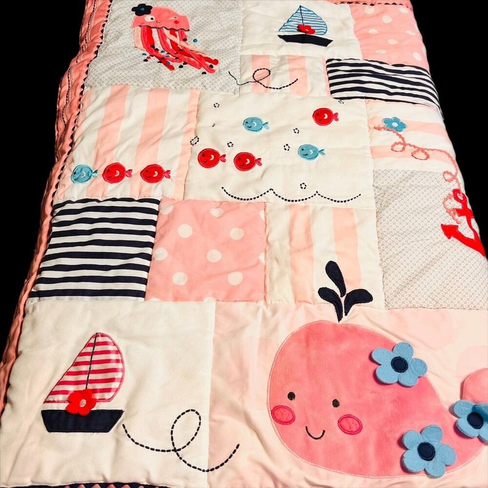LAMBS and IVY Quilt Baby Blanket Ocean Animal Pink Patchwork Octopus Sail Boat